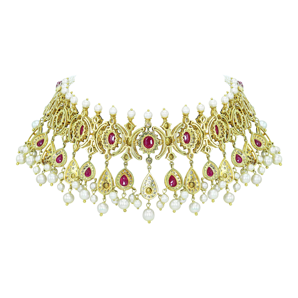 Antique-Finish Choker with Ruby, Diamonds, Polki Clusters, and Pearl Drops